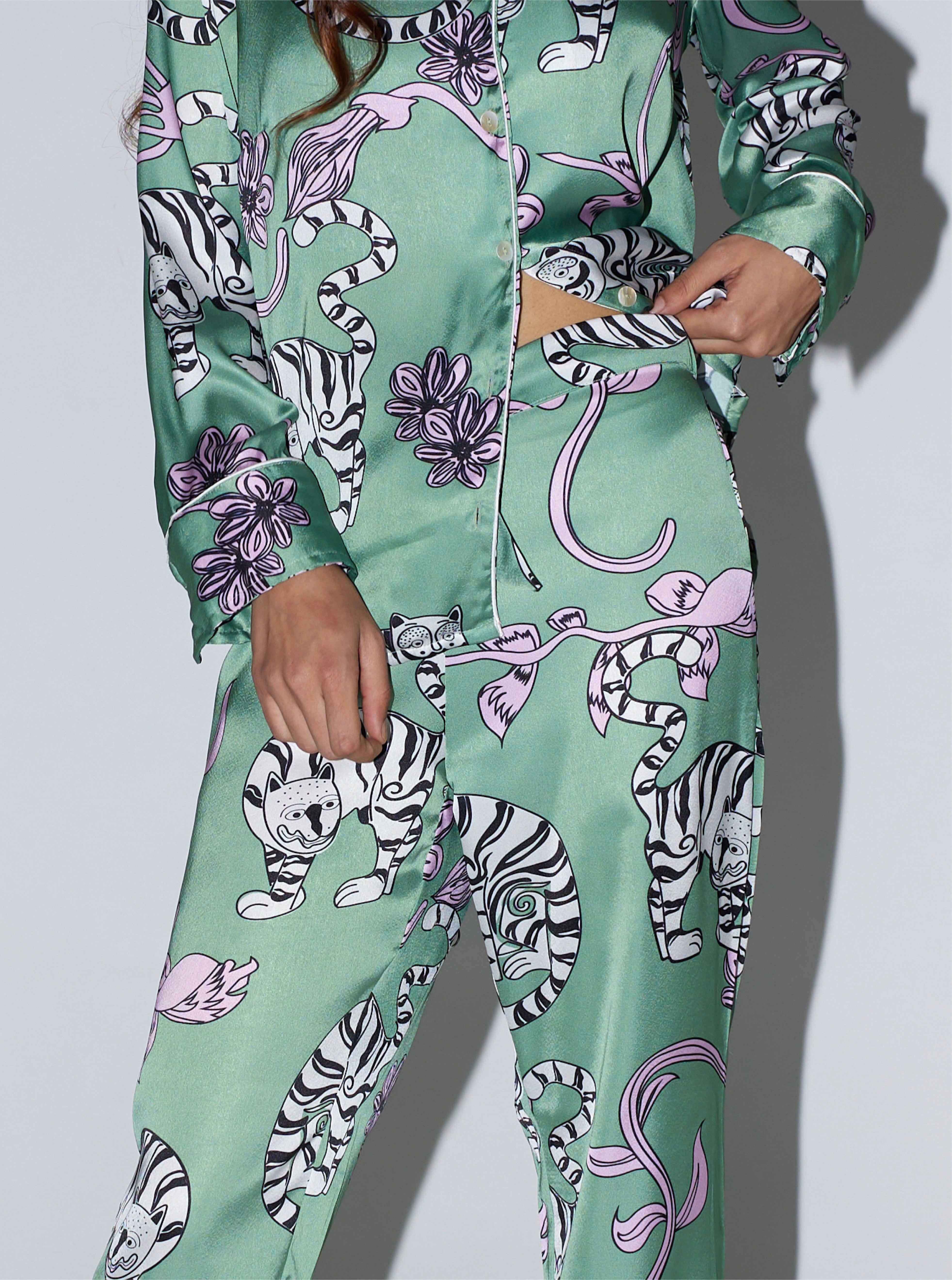 Sage tiger print discount satin pyjama set